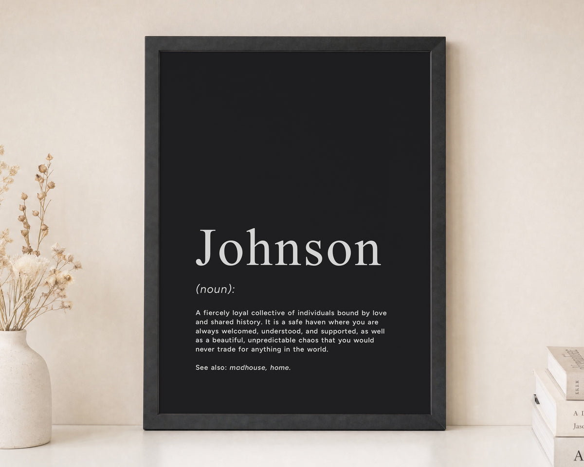 Personalised Family Definition Print, Custom Surname Wall Art, Black Typography Print, Family Gift, New Home Gift, Hallway Wall Art