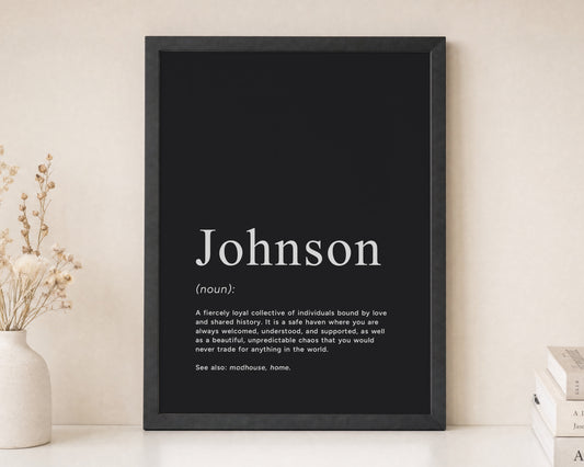 Personalised Family Definition Print, Custom Surname Wall Art, Black Typography Print, Family Gift, New Home Gift, Hallway Wall Art