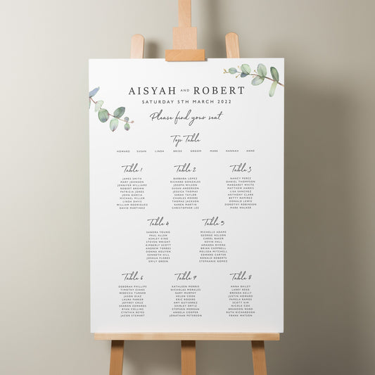 Wedding Table Plan, Personalised Greenery Table Seating Plan, Find Your Seat Sign, Botanical Foliage Wedding Décor A1 &#39;Aisyah&#39;