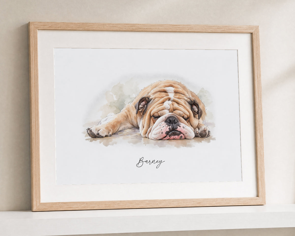 Personalised Dog Print, Custom Pet Name Wall Art, Watercolour Bulldog Portrait, Dog Lover Gift, Landscape Print With Mount, Oak Frame