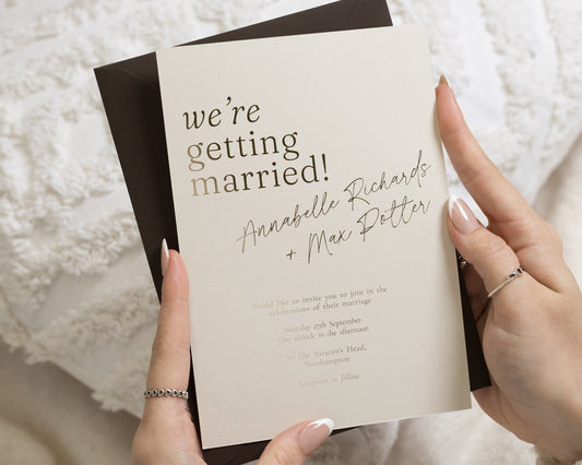 Gold Foil Wedding Invitations, Modern Typography Wedding Invite, Ivory Minimalist Invitation with Brown Envelope