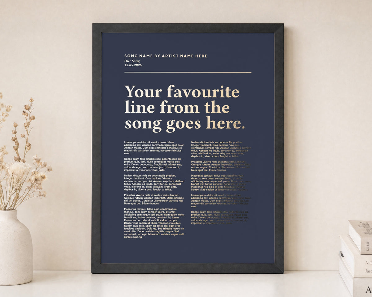Personalised Gold Foil Song Lyric Print, Navy Blue Wall Art, First Dance Lyrics, Wedding Gift, Anniversary Gift for Couple