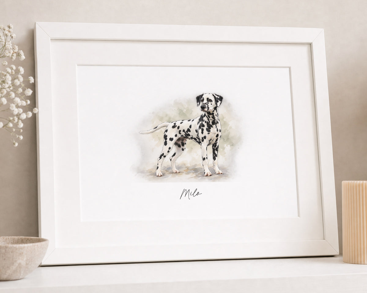Personalised Dog or Pet Portrait from Your Photo, Custom Watercolour Pet Wall Art, Dog Lover Gift, Pet Name Print, White Framed Print
