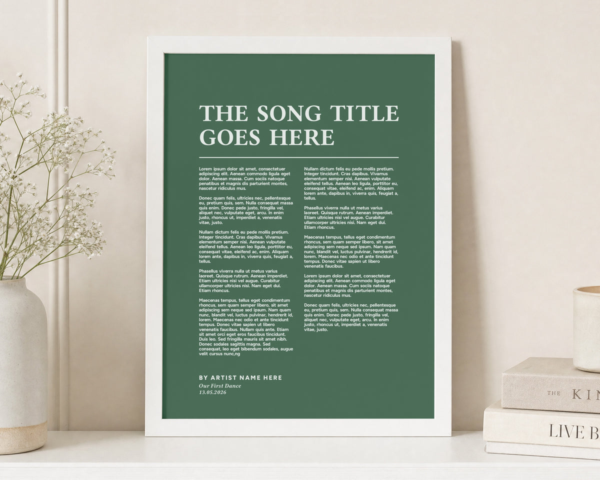 Personalised Song Lyrics Print, Green Wall Art, First Dance Wedding Gift, Anniversary Gift for Couple, White Framed Portrait Print