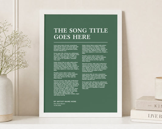Personalised Song Lyrics Print, Green Wall Art, First Dance Wedding Gift, Anniversary Gift for Couple, White Framed Portrait Print