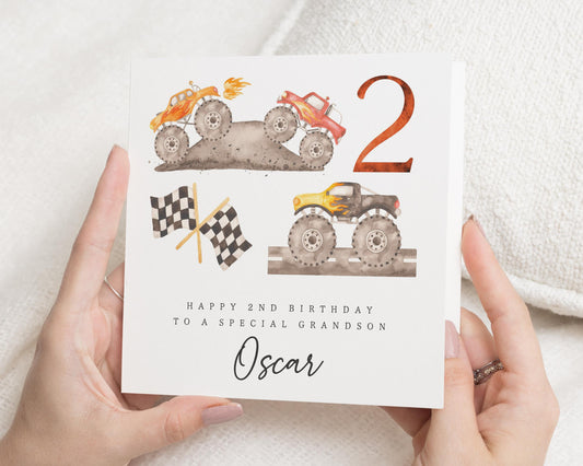 2nd Birthday Card for Grandson, Monster Truck Birthday Card, Personalised Birthday Card for Boy, Special Grandson Birthday Card