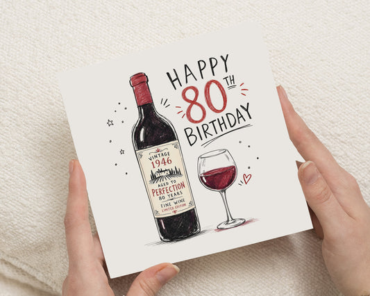80th Birthday Card, 80th Birthday Cards for Him, 80th Birthday Card for Her, Wine Birthday Card, Dad Mum Grandad Grandma Card