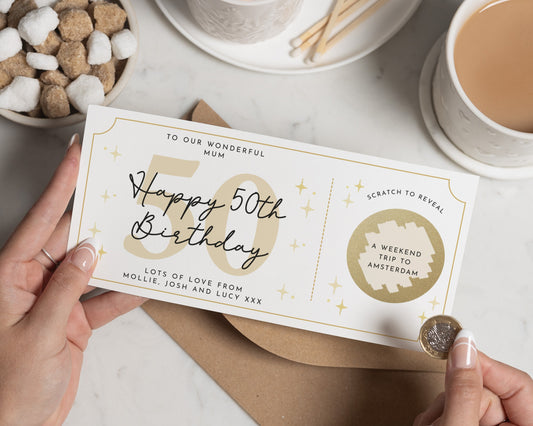 Personalised 50th Birthday Gift Voucher for Mum, Scratch to Reveal, Weekend Trip, Custom Birthday Gift for Her