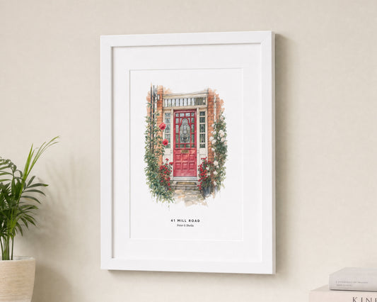 Personalised House Portrait Print, Custom Address Wall Art, New Home Gift, House Warming Gift, Illustrated Doorway Print With Mount
