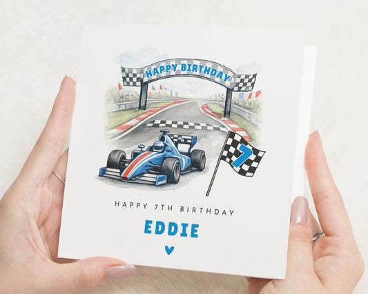 7th Birthday Card for Boy, Racing Car Birthday Card, Personalised Card for Son, Grandson, Nephew, Kids Birthday Card, Formula Car Card