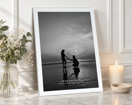 Personalised Engagement Photo Print From Your Photo, Black and White Couple Wall Art, Proposal Gift for Couple, White Framed Print