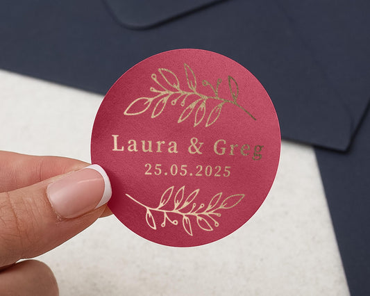 Personalised Wedding Sticker, Gold Foil Wedding Label, Custom Name Date Sticker, Envelope Seal, Wedding Favour Sticker, Red Gold Sticker