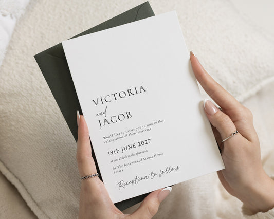 Minimalist Wedding Invitations, Elegant Black and White Wedding Invite, Classic Typography Invitation Suite, Forest Green Envelope