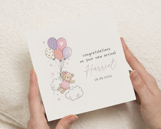 Personalised New Baby Card, Baby Girl Card, Congratulations Card, New Arrival Card, New Baby Girl Card, Teddy Bear Baby Card