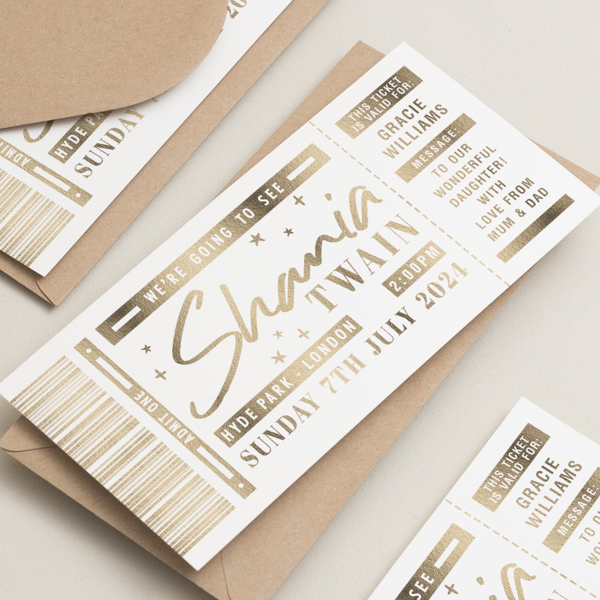 Shania Twain Gig Ticket Gift Voucher, Personalised Gold Foil Gift Voucher, Foiled Concert Reveal, Shania Twain Surprise Gig Ticket