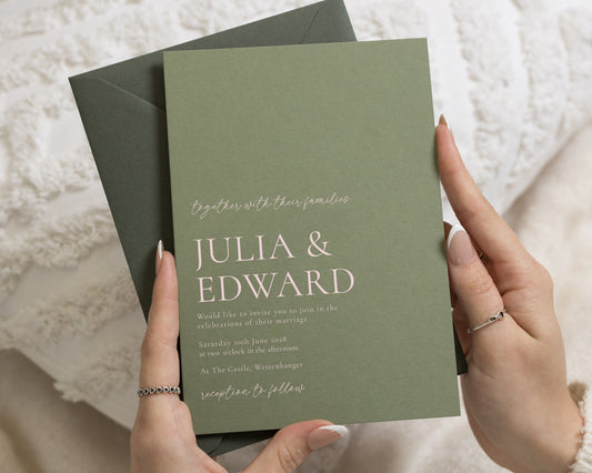 Sage Green Wedding Invitations with Olive Green Envelopes, Minimalist Typography Wedding Invites, Elegant Calligraphy Wedding Invitation