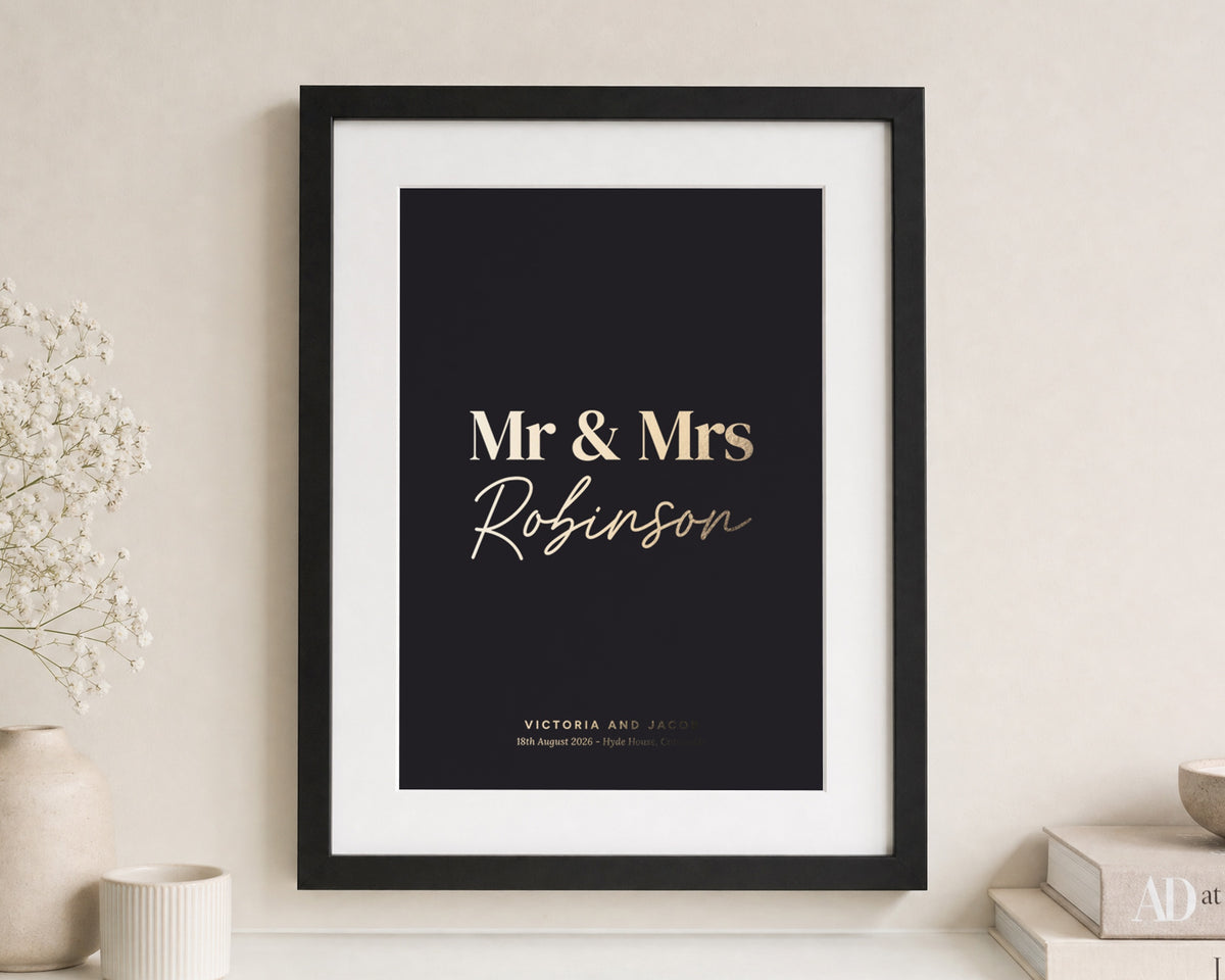 Personalised Gold Foil Mr and Mrs Print, Black Wall Art, Wedding Gift for Couple, Anniversary Gift, Newlywed Gift, Portrait Framed Print