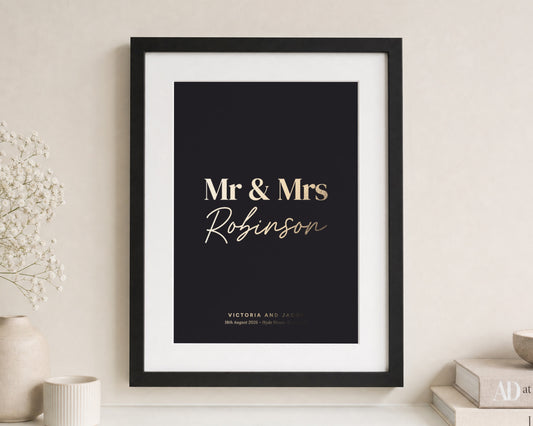 Personalised Gold Foil Mr and Mrs Print, Black Wall Art, Wedding Gift for Couple, Anniversary Gift, Newlywed Gift, Portrait Framed Print