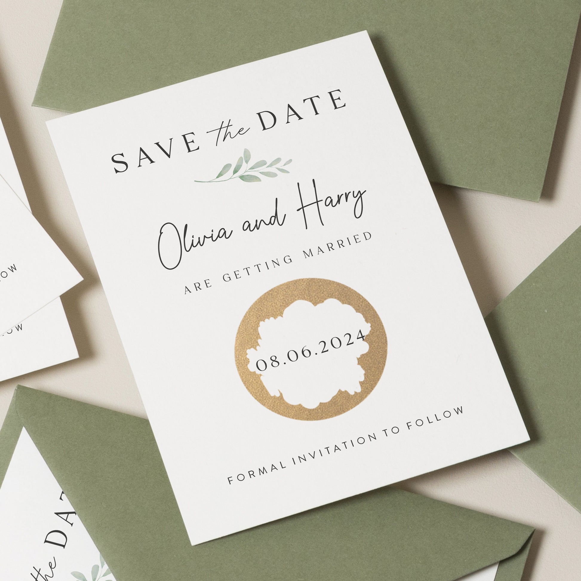 Greenery Save The Date Cards, Minimalistic Save The Date Scratch Off Cards, Unique Wedding Save Our Date Cards, Engagement Announcement Card