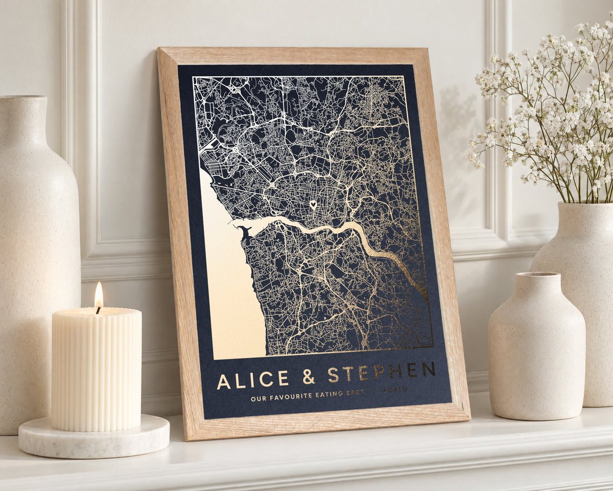 Personalised Gold Foil Map Print, Custom Location Map, Navy Blue Wall Art, Anniversary Gift, Gift for Couple, Oak Framed Print