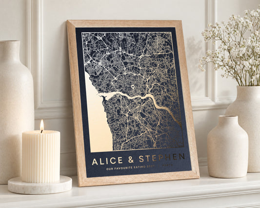 Personalised Gold Foil Map Print, Custom Location Map, Navy Blue Wall Art, Anniversary Gift, Gift for Couple, Oak Framed Print