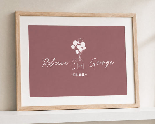 Personalised New Home Print, Pink Wall Art, Couple Gift, House Warming Gift, First Home Keepsake, Landscape Wall Art, Oak Framed Print