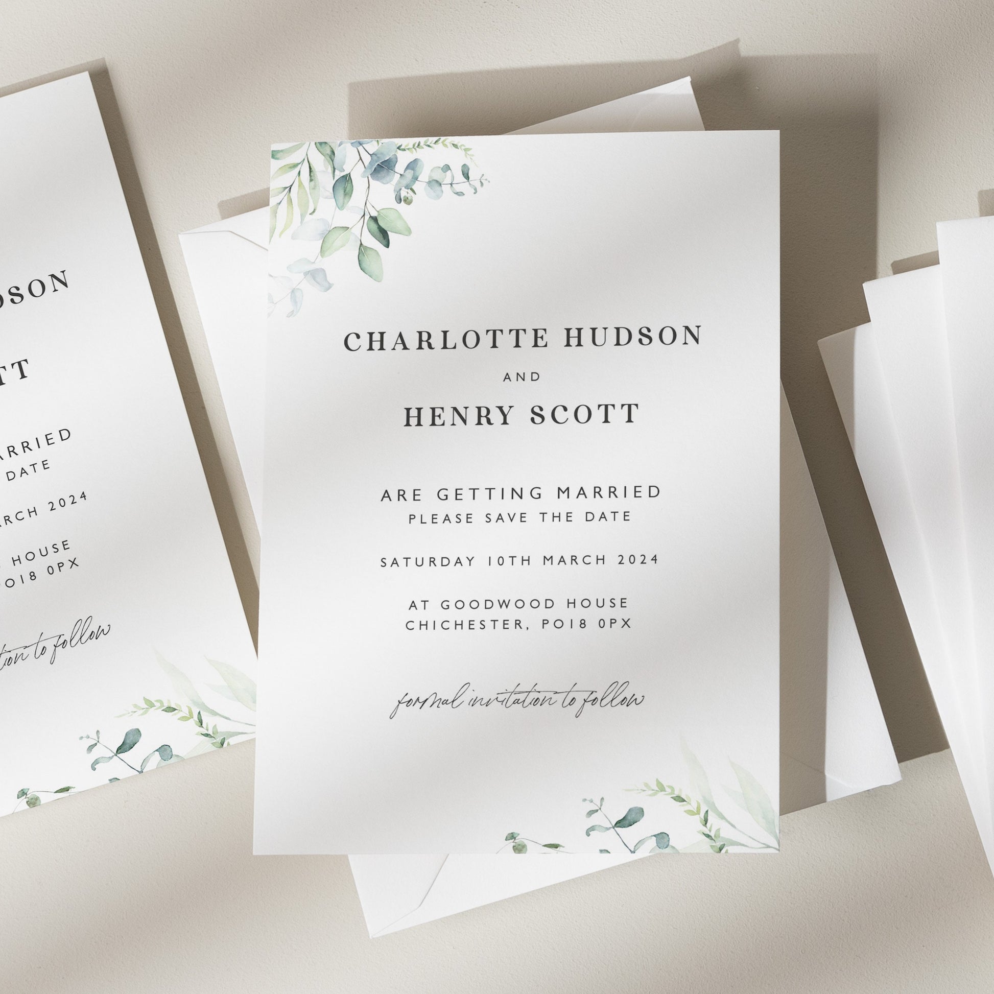 Greenery Save the Date Cards, Botanical Save the Dates, Personalised Foliage Save The Date Design, Olive Green Save The Dates &#39;Charlotte&#39;