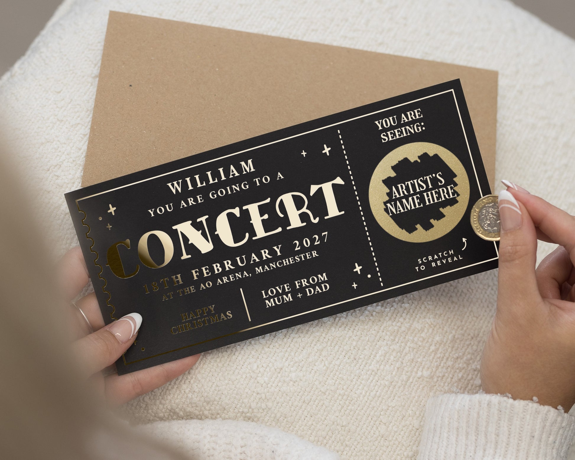 Personalised Concert Ticket Gift, Scratch To Reveal Concert Voucher, Gold Foil Gift For Him, Custom Concert Experience