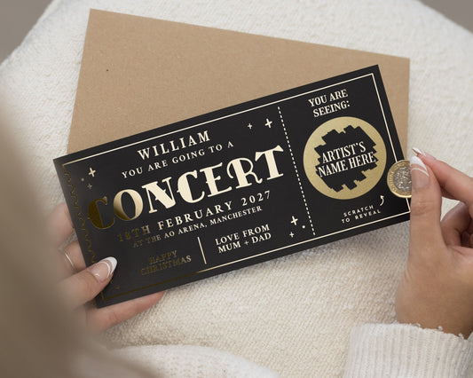 Personalised Concert Ticket Gift, Scratch To Reveal Concert Voucher, Gold Foil Gift For Him, Custom Concert Experience