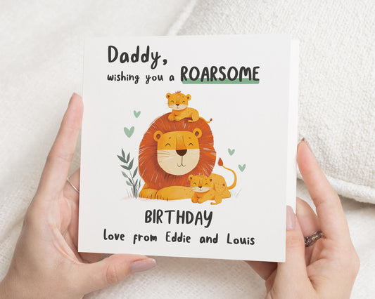 Birthday Card for Daddy, Personalised Lion Birthday Card, Birthday Card from Kids, Cute Animal Card for Dad, Daddy Birthday Card