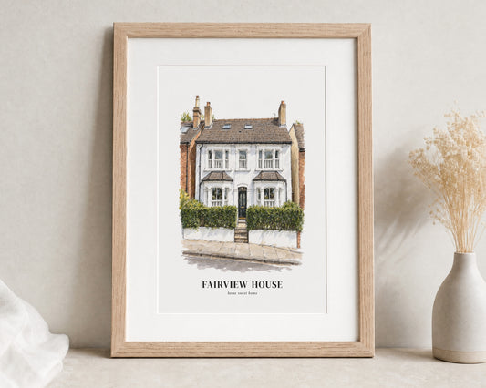 Personalised House Portrait Print, Custom Home Illustration, New Home Gift, Housewarming Gift, Framed Wall Art With Mount