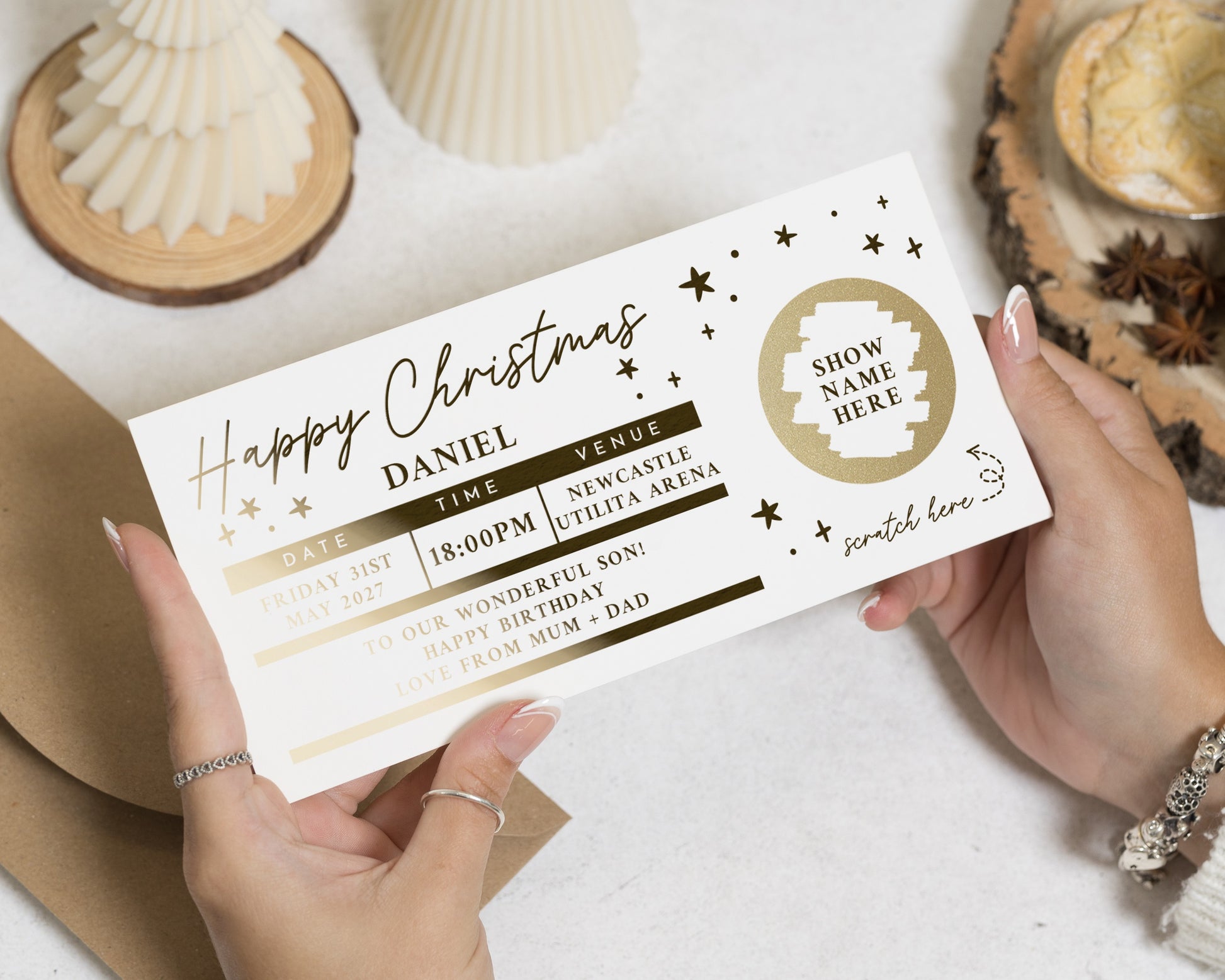 Personalised Christmas Gift Voucher, Concert Ticket, Gold Foil, Scratch To Reveal, Gift For Him, Gift For Her, Son, Daughter