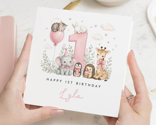 1st Birthday Card for Girl, First Birthday Card, Personalised Birthday Card, Daughter Birthday Card, Granddaughter Card, Safari Animal Card