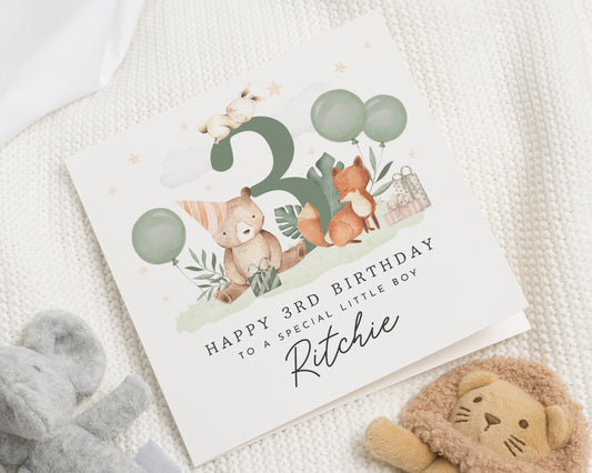 3rd Birthday Card for Boy, Personalised Birthday Card, Animal Birthday Card, Birthday Card for Son, Cute Woodland Birthday Card