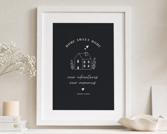 Personalised New Home Print, Black Wall Art, House Warming Gift, Home Sweet Home Print, First Home Gift, White Framed Print