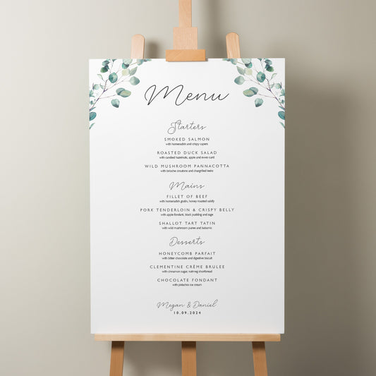 Greenery Wreath Wedding Food Menu Sign, Botanical Wedding Menu Sign, Eucalyptus Wedding Sign, Simple Guest Menu Sign For Wedding &#39;Megan&#39;