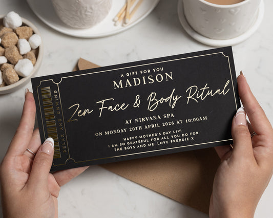 Personalised Spa Day Gift Voucher for Her, Zen Face and Body Ritual, Custom Gift Certificate, Gold Foil Gift Card