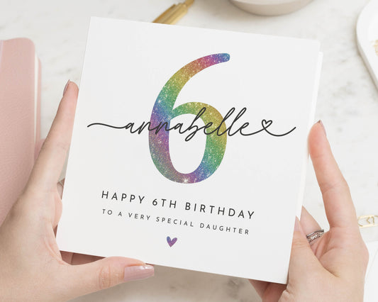 6th Birthday Card for Daughter, Personalised Birthday Card, Birthday Card for Girl, Special Daughter Birthday Card, Rainbow Birthday Card