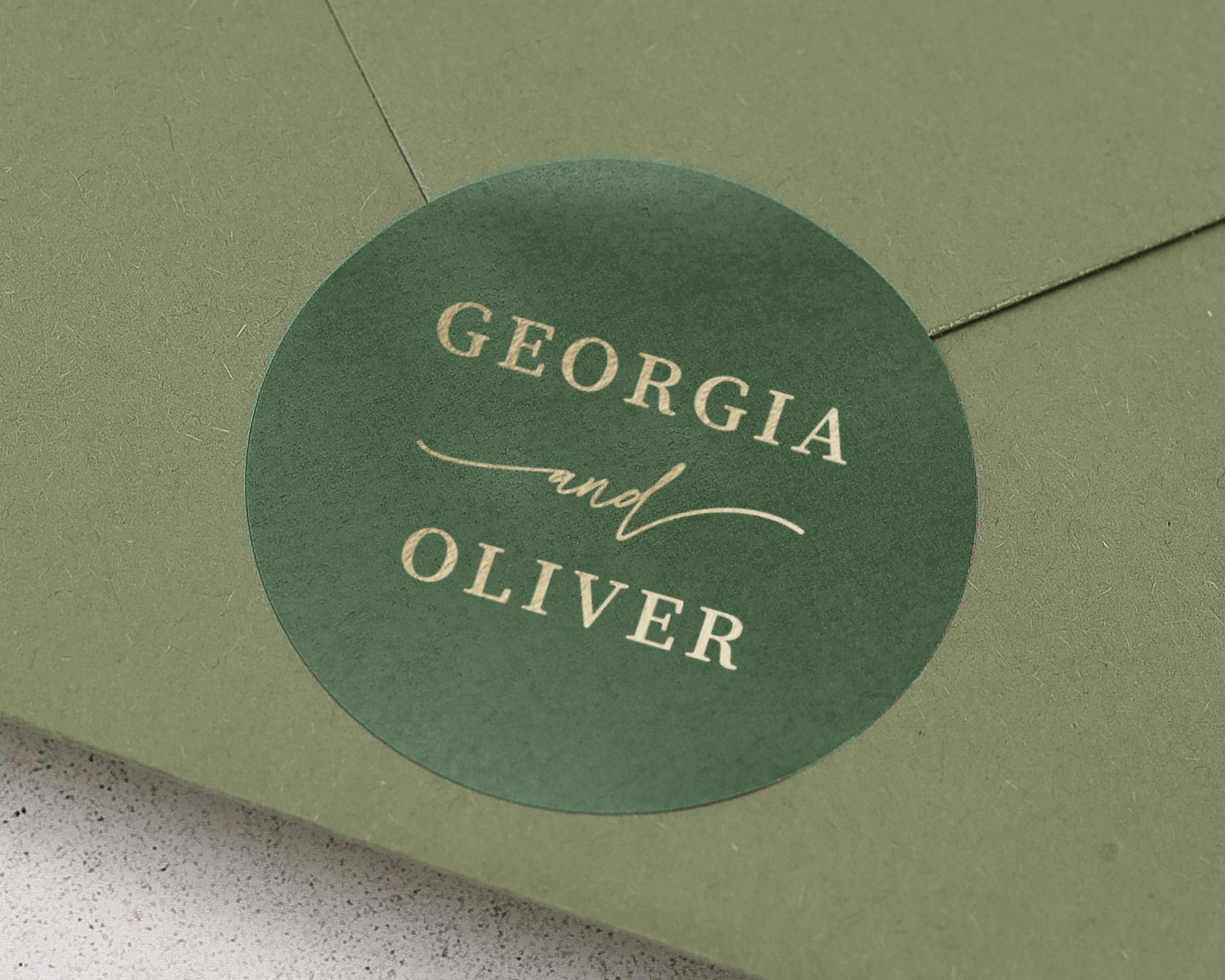 Personalised Wedding Envelope Seal, Gold Foil Sticker, Custom Names, Elegant Wedding Sticker, Green Envelope Seal, Georgia and Oliver