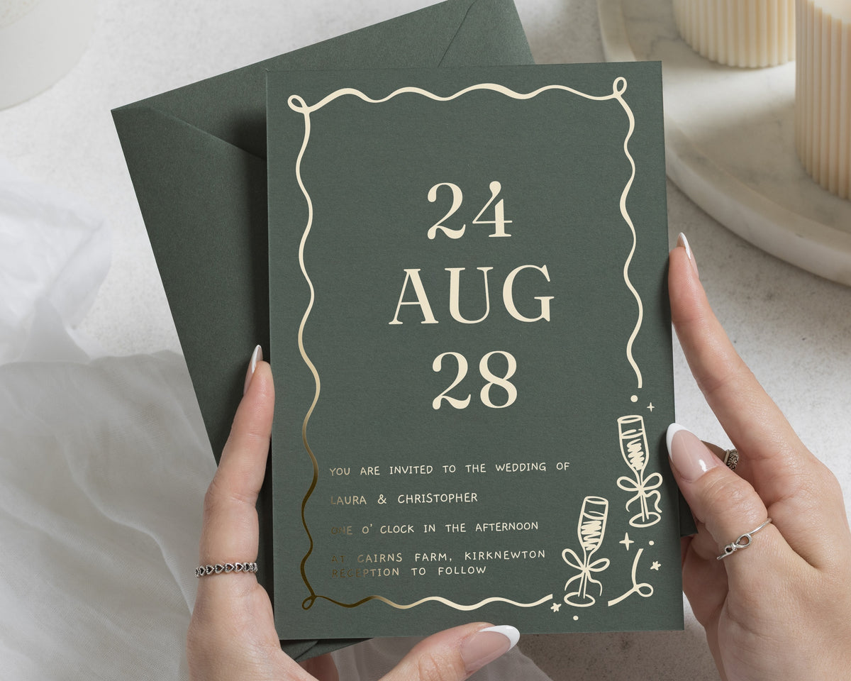 Gold Foil Wedding Invitations, Dark Green Wedding Invite, Modern Typography Invitation, Champagne Celebration Wedding Stationery