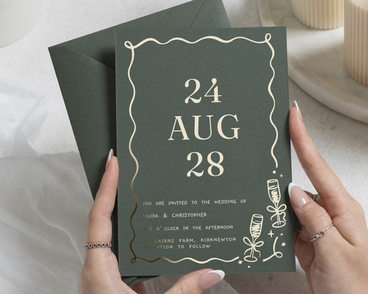 Gold Foil Wedding Invitations, Dark Green Wedding Invite, Modern Typography Invitation, Champagne Celebration Wedding Stationery