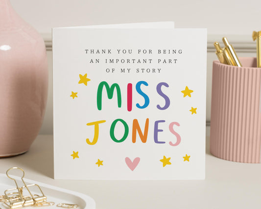 Thank You Card for Teacher, Personalised Teacher Thank You Card, End of Term Card, Thank You Card for Miss, Custom Name Card