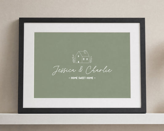 Personalised New Home Print, Green Wall Art, Home Sweet Home Picture, House Warming Gift for Couple, Custom Name Wall Art