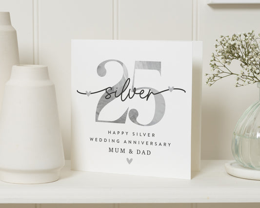 Silver Wedding Anniversary Card, 25th Anniversary Card for Mum and Dad, Personalised Anniversary Card, Anniversary Card for Parents