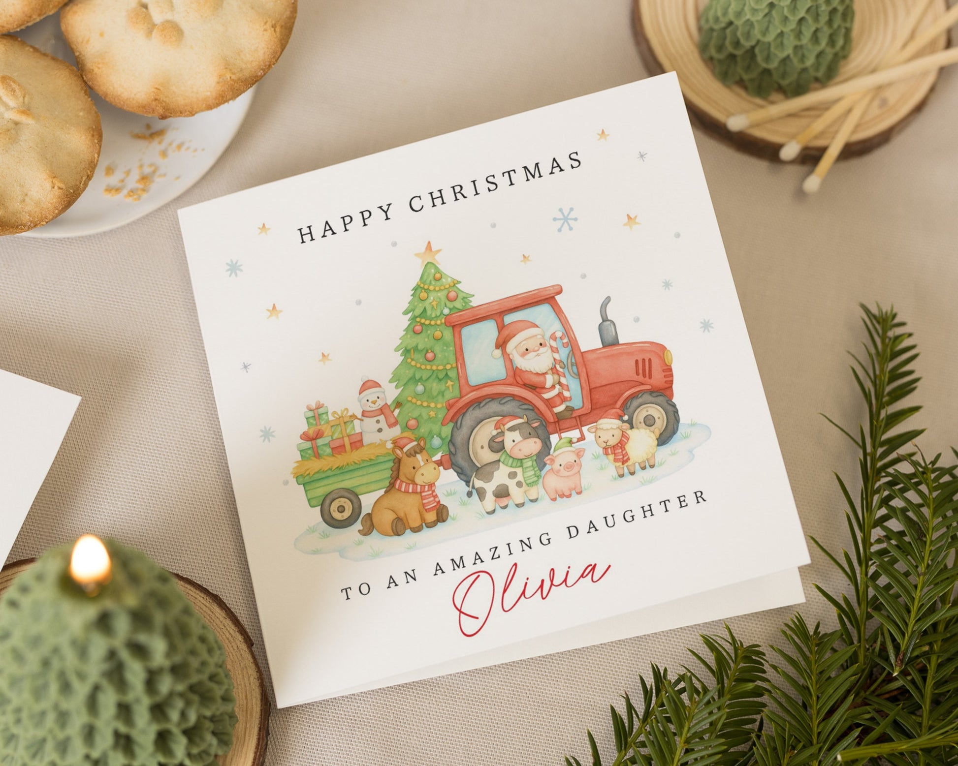 Christmas Card for Daughter, Personalised Daughter Christmas Card, Cute Farm Animal Christmas Card, Santa Tractor Card for Girl
