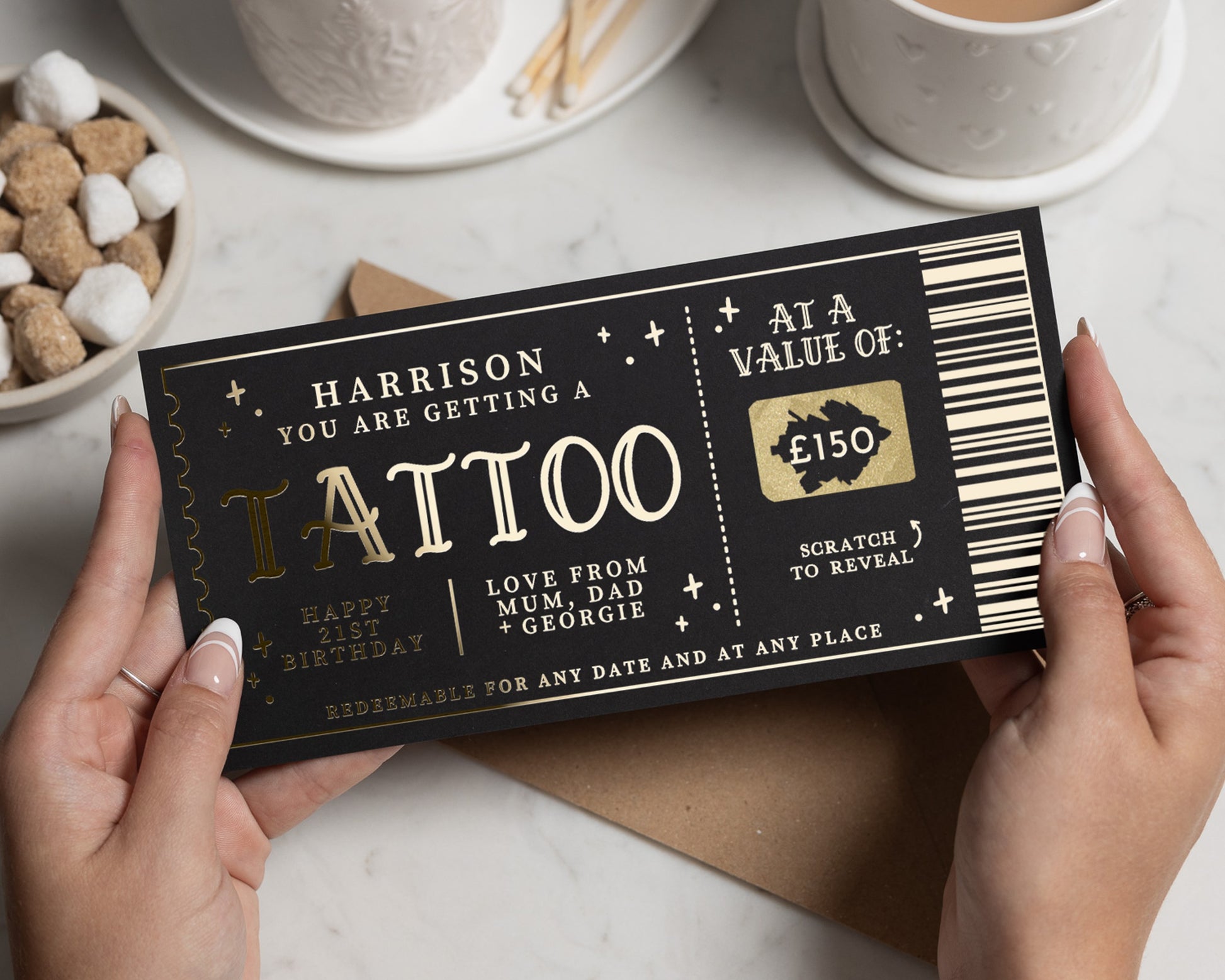 Personalised Tattoo Gift Voucher, Scratch To Reveal, 21st Birthday Gift, Custom Gold Foil Gift For Him Or Her