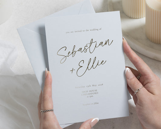 Gold Foil Wedding Invitations, Powder Blue Minimalist Wedding Invite, Elegant Calligraphy Invitation, Personalised Wedding Invites