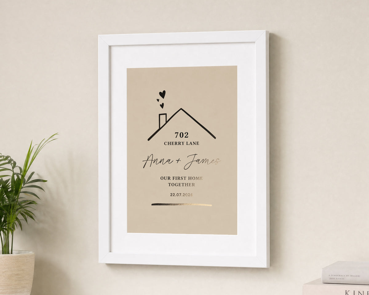 Personalised Gold Foil First Home Print, Beige Wall Art, New Home Gift for Couple, House Warming Gift, White Framed Print