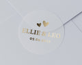 Personalised Wedding Envelope Seal, Gold Foil Wedding Sticker, Custom Names and Date, Heart Envelope Sticker, Wedding Favour Seal