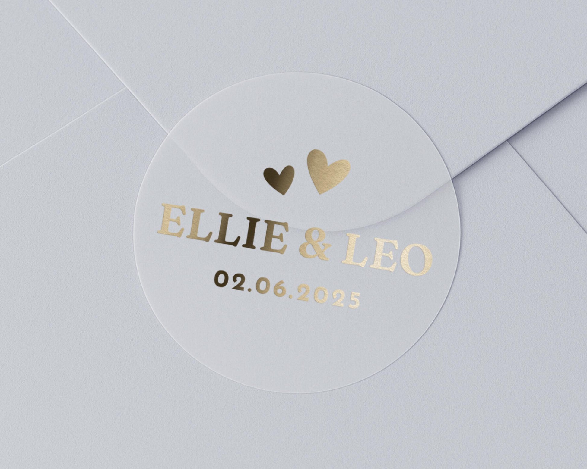 Personalised Wedding Envelope Seal, Gold Foil Wedding Sticker, Custom Names and Date, Heart Envelope Sticker, Wedding Favour Seal